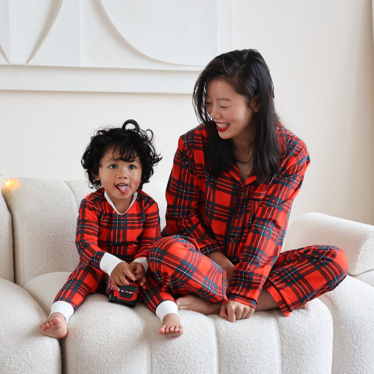 Conjunto largo de pijama de bambú para mujer - Tartán rojo