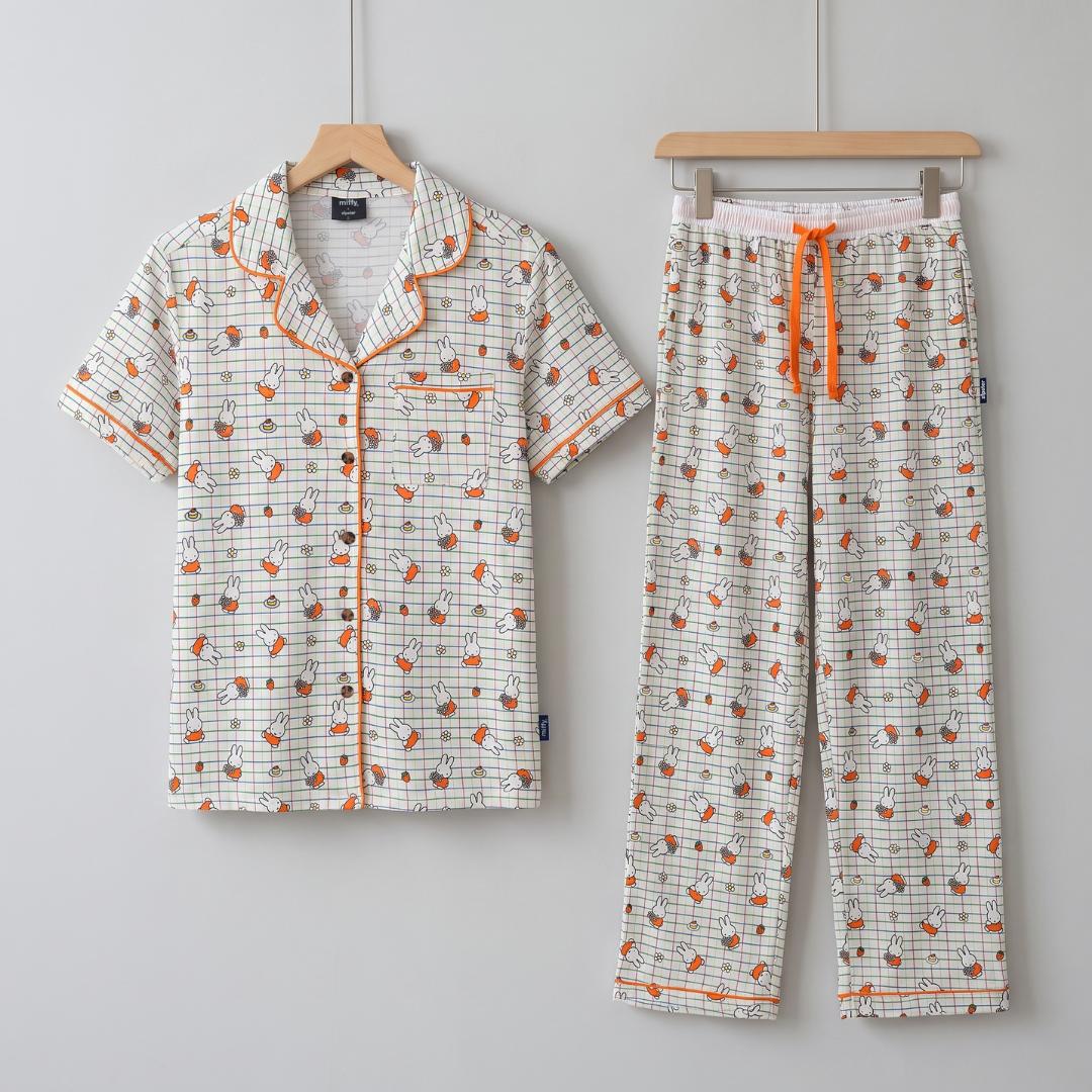 Dames nijntje Bloom-pyjamaset van bamboe met ruitjesmotief, vooraanzicht